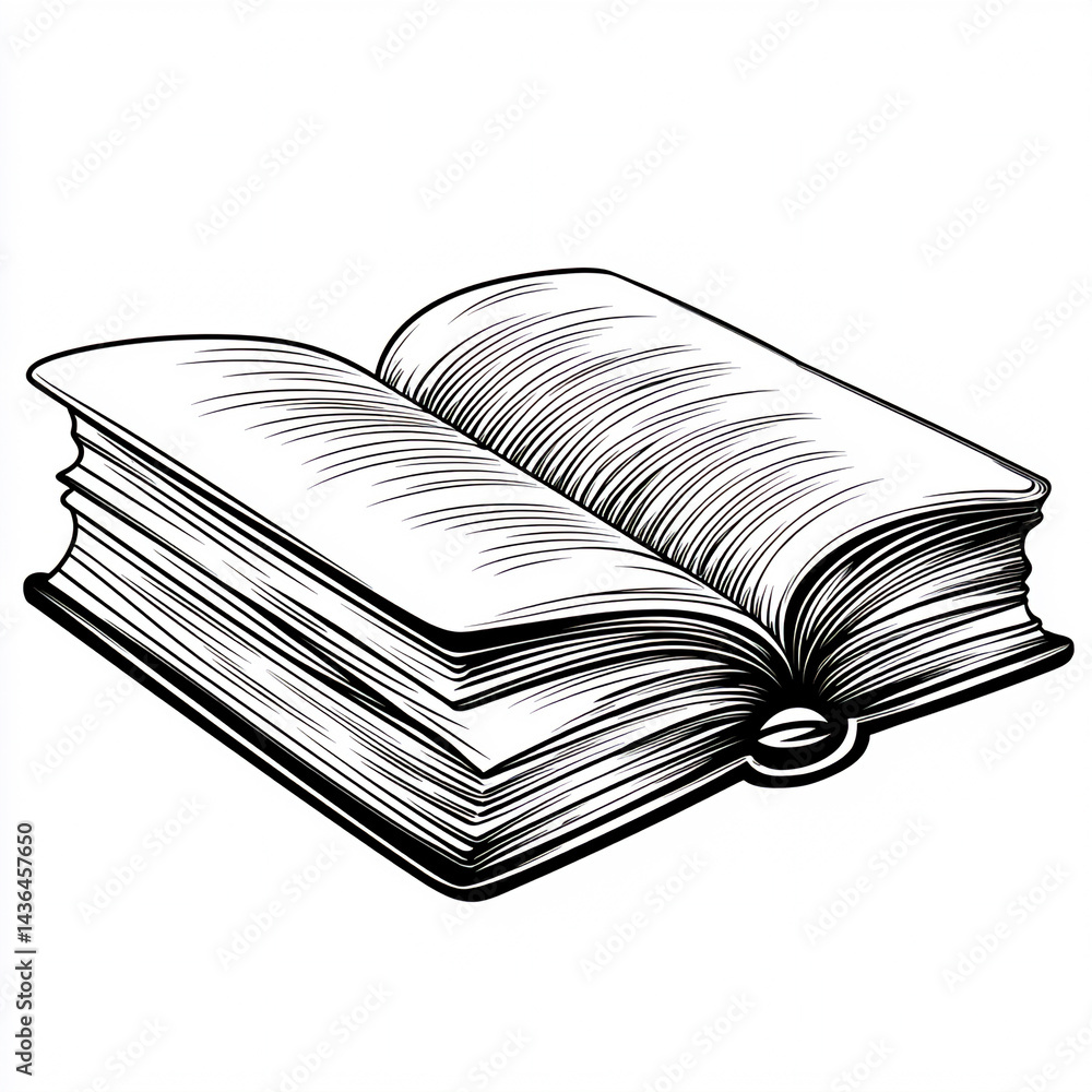Poster clean line drawing of a single open book, simple and elegant on a white background