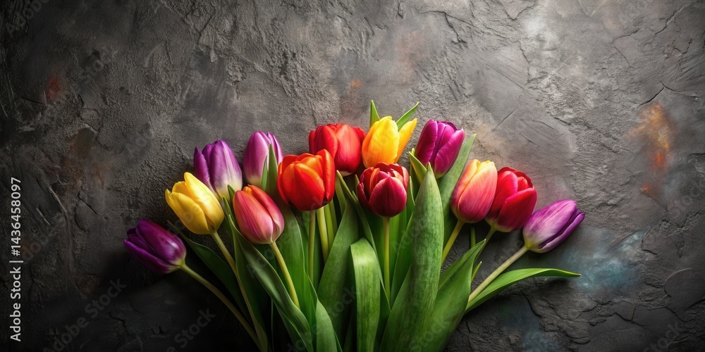 Poster a vibrant bouquet of multicolored tulips arranged on a dark textured surface