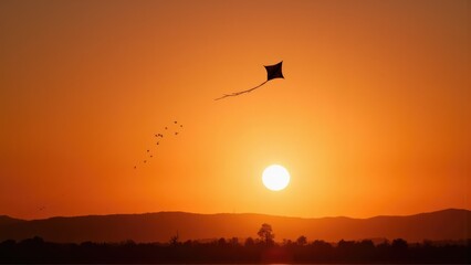 Obraz premium golden hour silhouette magical. A kite soars against a vibrant sunset, casting a silhouette while the sun sets over distant hills, creating a peaceful atmosphere.