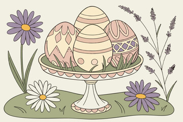 34 Easter eggs, decorative, floral arrangement, ornate pedestal, speckled eggs, pastel colors, lavender sprigs, daisies, marigolds, purple flowers, natural backdrop, garden setting, springtime, detail