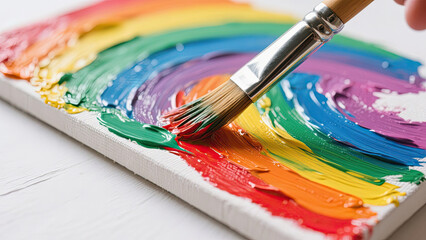 Fototapeta premium Close-up of a paintbrush mixing vibrant yellow paint on canvas. Close-up of a paintbrush mixing vibrant rainbow paint on canvas.