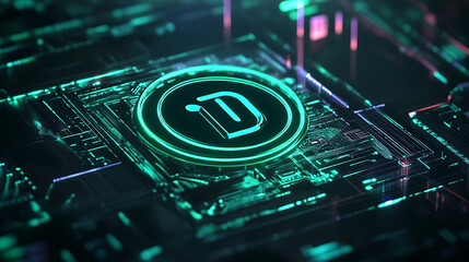A sleek neon Tether (USDT) logo embedded in a holographic user interface, floating above a dark background