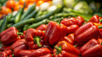 Fresh red bell peppers stacked at a vibrant farmer's market in the early morning sunlight