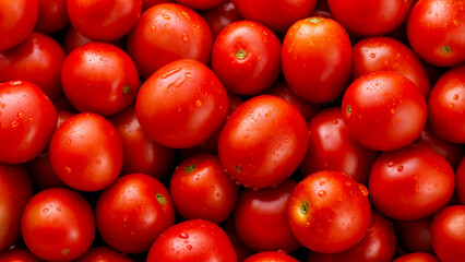 Fresh red tomatoes piled together in a vibrant display at a local farmers market in mid-summer afternoon sunshine