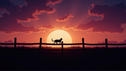 golden hour silhouette magical. A silhouetted cat walks along a fence against a vibrant sunset, with rich hues of orange and purple illuminating the sky.