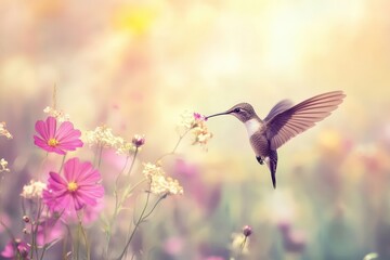 Fototapeta premium Hummingbird feeding on vibrant tropical flower in soft light