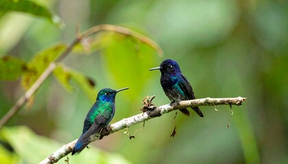 Fototapeta premium blue hummingbird. blurred forest background