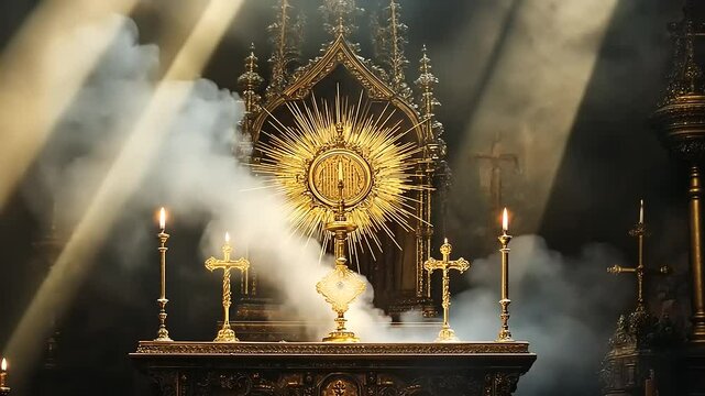 Golden altar with a radiant monstrance, candles lit, surrounded by ethereal light and smoke