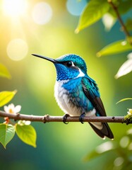 Fototapeta premium blue hummingbird. blurred forest background