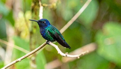 Obraz premium blue hummingbird. blurred forest background