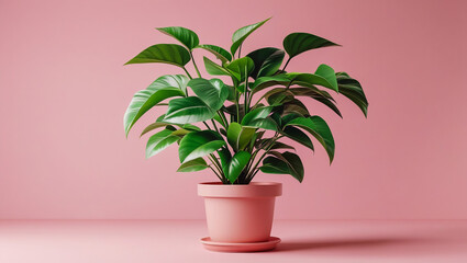 Fototapeta premium Chinese Evergreen Plant Against Pink Background