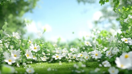 Delicate white flowers bloom in a lush green garden, bathed in sunlight, under a clear blue sky.  Soft focus and gentle bokeh create a serene atmosphere