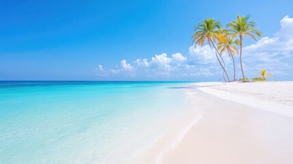 Fototapeta premium Pristine tropical beach scene. Tranquil turquoise water laps gently onto a pristine white sand shore. Palm trees stand sentinel against a vivid blue sky, dotted with fluffy white clouds