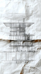 Architectural sketch of a multi-story building with an overhanging roof showing interior spaces and details