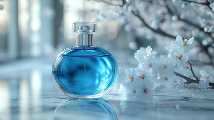 Elegant blue perfume bottle, surrounded by delicate spring blossoms