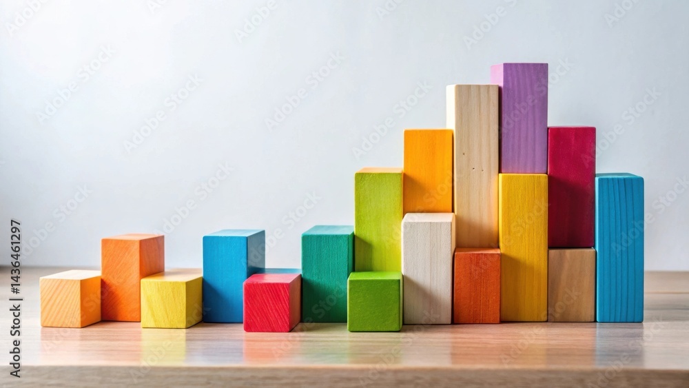Poster Colorful Wooden Blocks Arranged in Ascending Order on a Tabletop, Representing Growth and Development