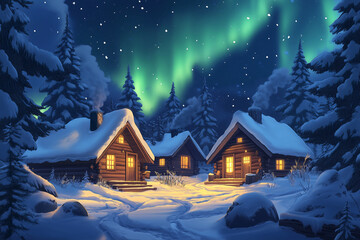 Naklejka premium Snow-covered cabins glowing under the Northern Lights in a peaceful winter wonderland