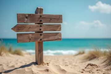 Rustic outdoor wooden signpost with weathered boards and beach sand on white background