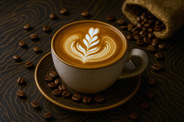 Cozy Coffee Moment. A warm cappuccino with beautiful latte art in a ceramic cup, coffee beans spilling around it. Great for social media posts, blog articles about coffee, or promotional café posters
