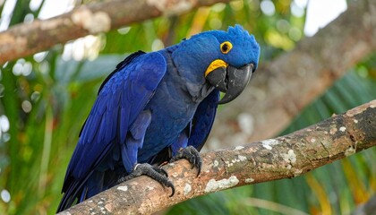Obraz premium Blue and yellow, endangered Hyacinth Macaw on tree branch 