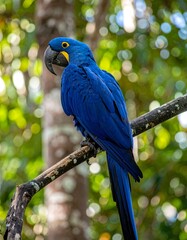 Blue and yellow, endangered Hyacinth Macaw on tree branch 