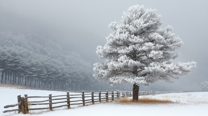 Frosty pine tree winter landscape, foggy forest background, scenic postcard
