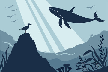 36 Ethereal underwater scene, majestic whale silhouette, lone seagull perched atop, misty blue tones, mysterious deep ocean, surreal marine landscape, vertical composition, dreamlike atmosphere, minim