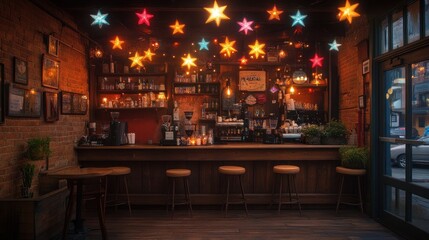 Cozy bar, star lights, brick walls, city street view, nighttime ambiance