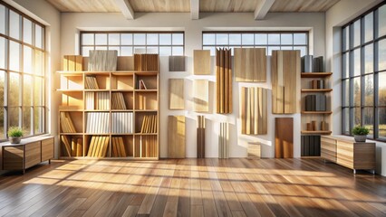 Sunlit Room Featuring Wooden Shelving, Books, and an Array of Wood Samples Displayed on a Wall