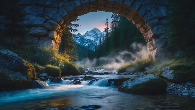 Mountain river flows under stone bridge in scenic landscape - Powered by Adobe