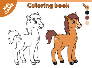Page of kids coloring book with cartoon foal. Color the outline farm animal. Cute small horse. Educational activity book for preschool and school children. Vector contour baby illustration.