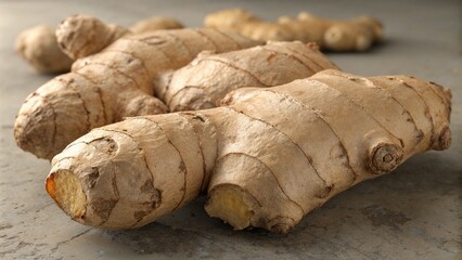 Fototapeta premium Fresh ginger root on a rustic surface 