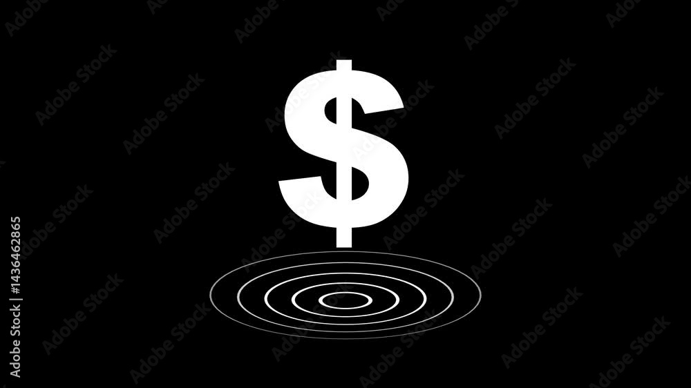 Poster dollar icon with radio wave signal animation on black background. radio wave signal with dollar mark