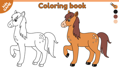 Page of kids coloring book with cartoon horse. Color the outline farm cute animal. Educational activity book for preschool and school children. Vector contour baby illustration.