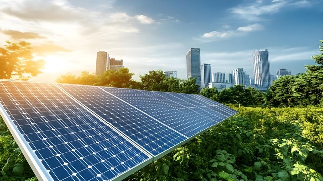 Solar Panels in Urban Green Rooftop Landscape at Sunset View