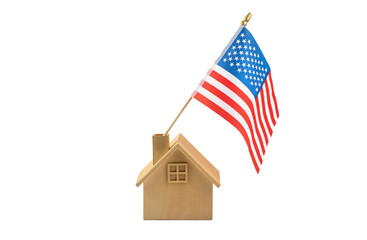 Symbolic wooden house with usa flag on white background - american dream concept