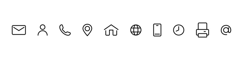 Contact icons. Contact sign vector set. Telephone number symbol. Email logo. Mail envelope sign. Location address line icon set. Contact us icon minimalistic set.
