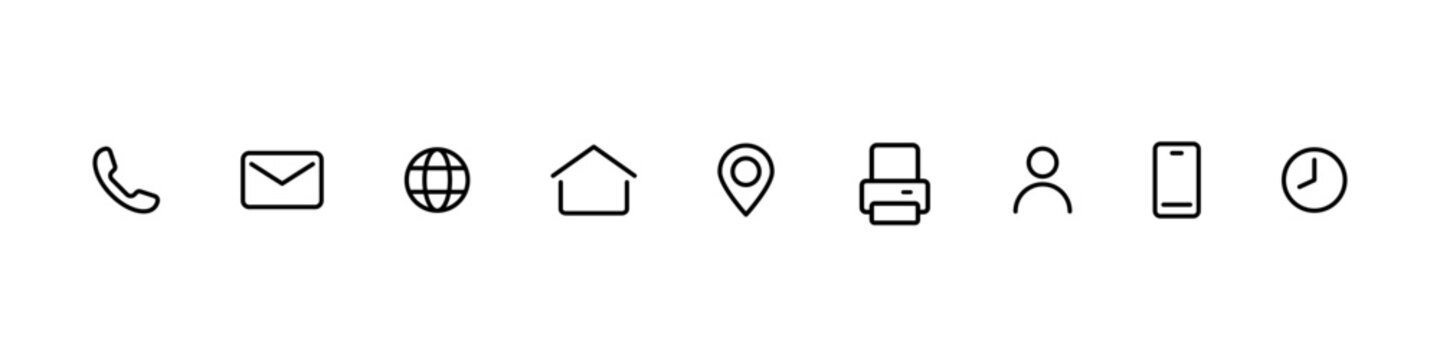 Contact icons. Contact sign vector set. Telephone number symbol. Email logo. Mail envelope sign. Location address line icon set. Contact us icon minimalistic set.
