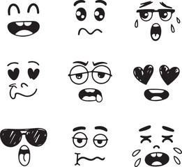 cute emotional doodle faces happy, sad, angry, surprised, sleepy, confused, heart eyes, cool with sunglasses, crying sketchy black and white
