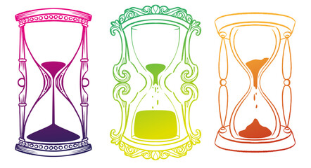 Three colorful hourglass tattoo style illustrations in gradient tones. Symbolic design, bold line art, isolated on white background