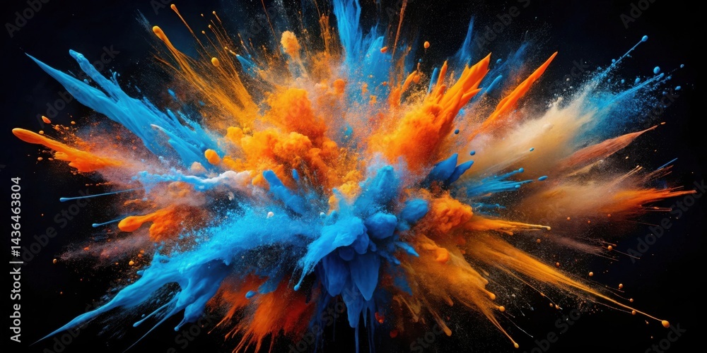Poster a vibrant explosion of color, a dynamic burst of blue and orange hues, showcasing a captivating spec