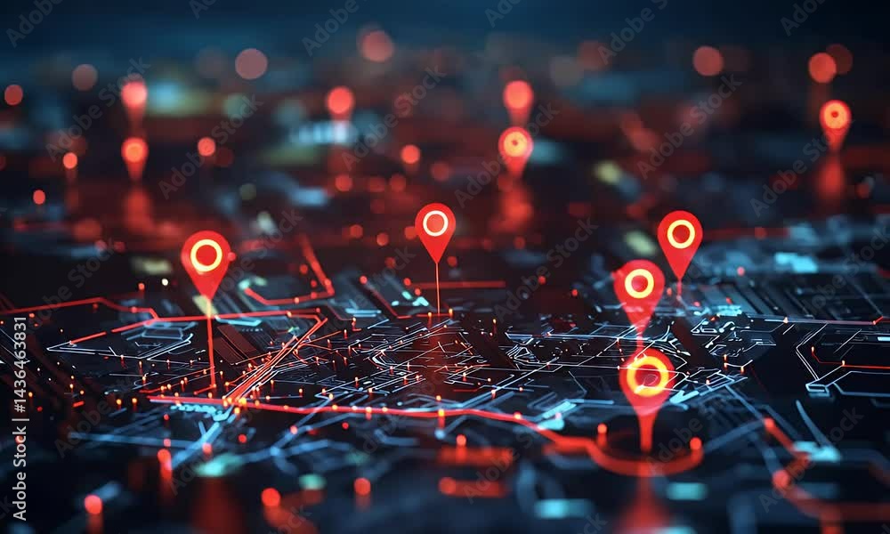 Poster futuristic digital map interface showing glowing gps location markers on a city grid, representing a
