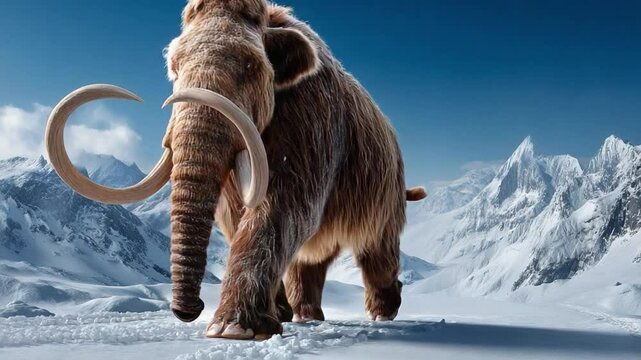 Mammoth in Winter Wonderland: A majestic mammoth strides confidently across a snowy expanse, its colossal tusks and thick fur a testament to the harsh winter environment.