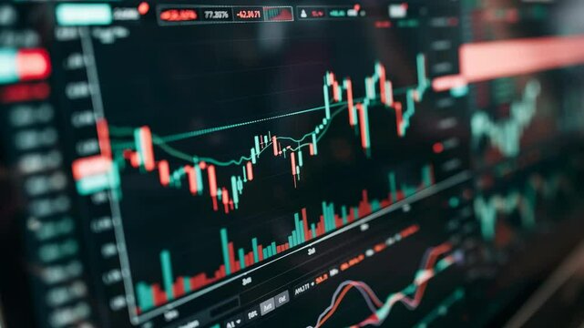 Financial trading chart display showing stock market candlestick graph with red and green indicators on dark monitor screen.