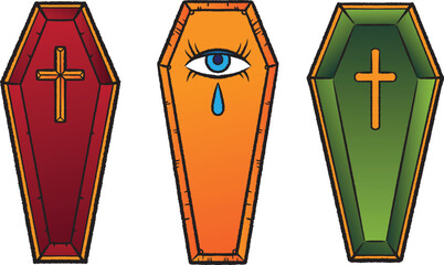 Bright coffin tattoo set with cross and crying eye. Old school gothic style, bold outlines and colors, isolated on white background