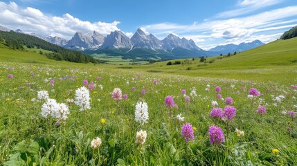 Fototapeta premium Lush alpine meadow, vibrant wildflowers, majestic mountains