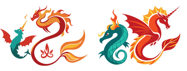 Elegant script with a dragon breathing fire on one side, a phoenix rising above, mermaid tails wrapping below, and a unicorn horn shining through