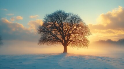 Solitary tree, winter sunrise, foggy field, peaceful landscape, nature calendar