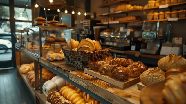 Bakery shop interior with display of fresh pastries and bread. Golden croissants and baked goods arranged on wooden shelves in warm lighting.