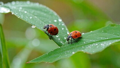 Fototapeta premium Ladybug on the green leaf, morning dew